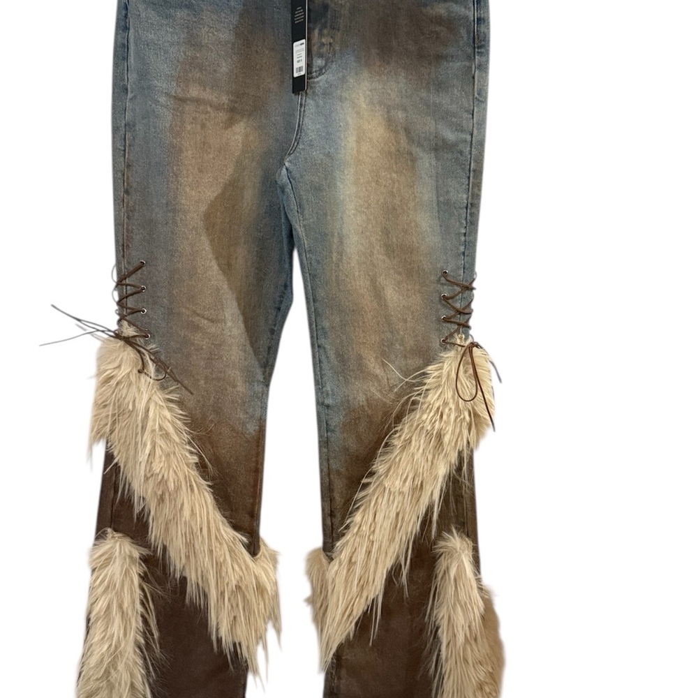 Fashion Nova Two-Tone Flare Jeans with Faux Fur Trim - Light Blue & Brown